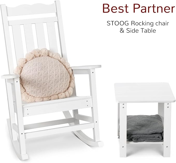 Stoog Set of 2 Outdoor Rocking Chairs, HIPS Plastic Porch Rocker with 400 lbs Weight Capacity, for Backyard, Fire Pit, Lawn, Garden and Indoor, White