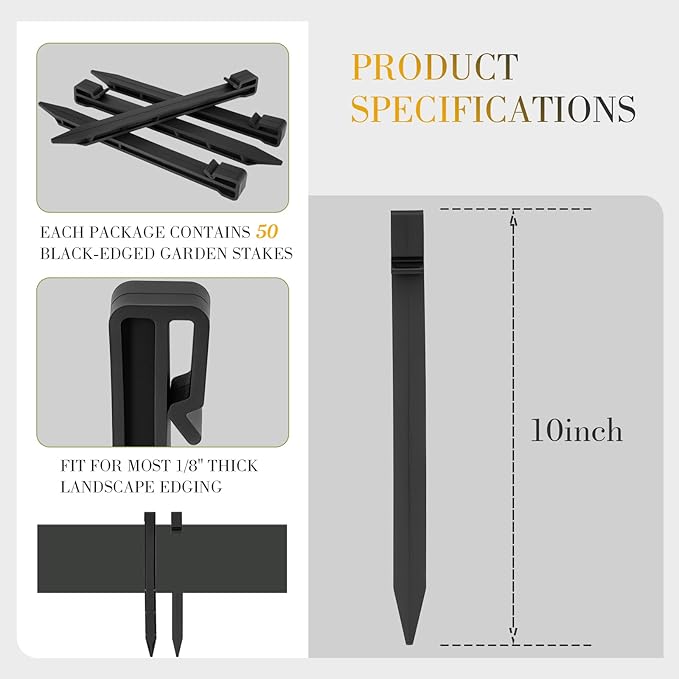 Landscape Edging Garden Stakes, Heavy Duty Plastic Yard Stake, 10 Inch Landscape Stakes for Gardening and Landscaping(50 Pcs, Black)