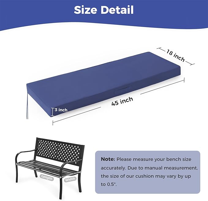 Outdoor Bench Cushions for Outdoor Furniture, 45x18x3 Inch, Waterproof Bench Pillow, Fade Resistant Long Bench Seat Pads for Garden, Indoor, Porch Swing, Navy Blue