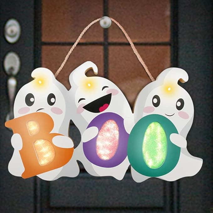 LOMIMOS Halloween Door Hanger Sign Decorations with Lights, Cute Ghost Welcome Sign for Front Door Porch Outdoor Indoor Hanging Wall Decor Farmhouse Holiday Decor