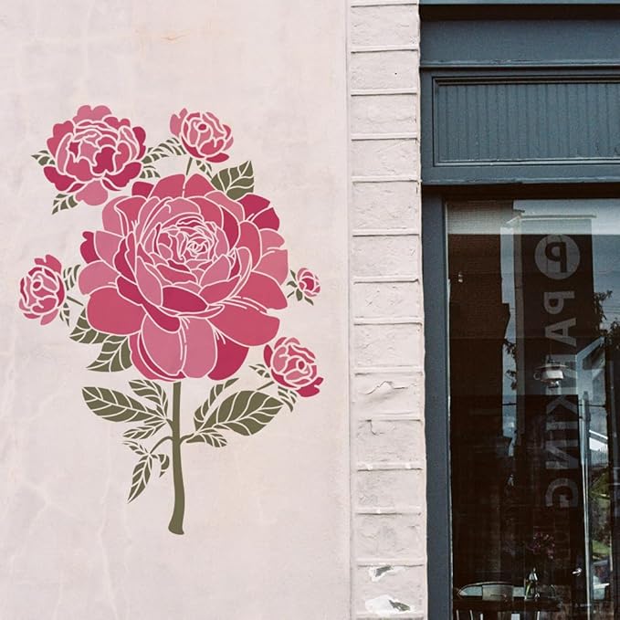 MAYJOYDIY 2pcs Peony Stencil 11.8×11.8inch Large Peony Flower Stencils for Painting Splicing Style with Paint Brush Spring Floral Peony Drawing Template for Wood Walls Canvas Furniture Art Crafts