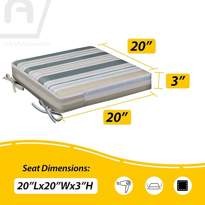 AAAAAcessories Outdoor Seat Cushions for Chairs, Waterproof, Fade-Resistant, 20" x 20" x 3", Patio Furniture Replacement Cushions, Set of 2, Slate Gray Blue Coastal Stripe