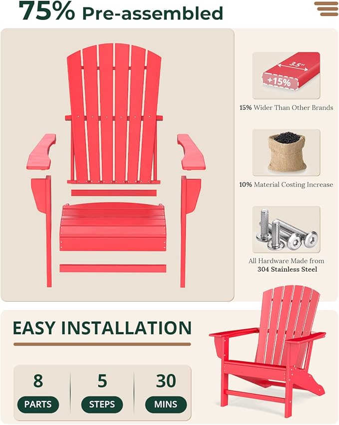BRIOPAWS Adirondack-Chairs-Set of 4 | Fire Pit Chair | Oversized | HDPE Plastic | Weather Resistant | for Deck Outdoor Poolside Campfire | Red