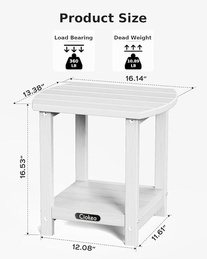 Ciokea Adirondack Outdoor Side Table 2 Pack, 2-Tier Sturdy Patio End Table for Patio, Pool, Porch, White