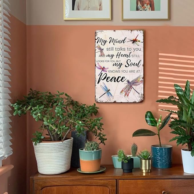 YOYI ART Metal Dragonfly Wall Decor Sign - My Mind Still Talks to You, Vintage Tin Signs for Home, Bedroom, Kithcen, Garden, Patio and Yard Wall Art Accessories, Gifts for Women, 8 x 12 inch