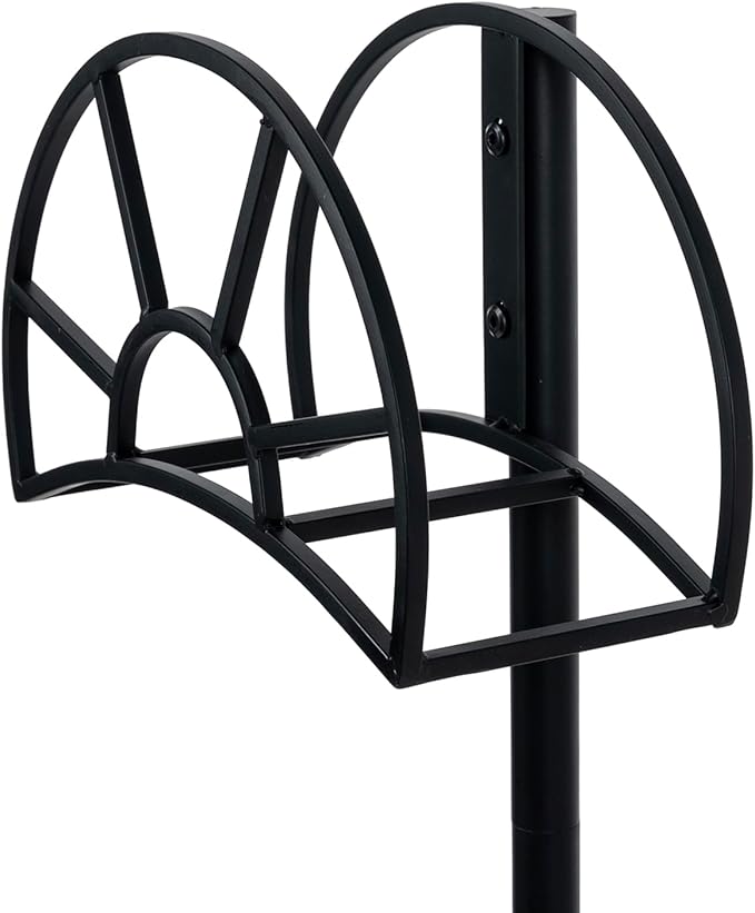 MyGift Metal Garden Hose Holder Stake, Modern Matte Black Metal Outdoor Garden Hose Holder Rack with Yard Grass Stake Anchors