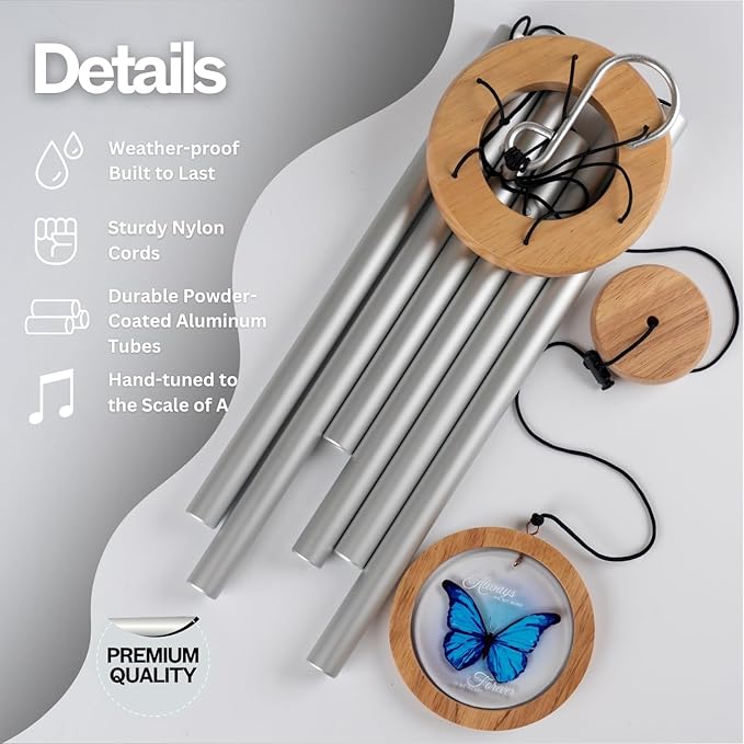 Wind Chimes for Outside, Wind Chimes Outdoor Clearance, Deep Tone Outdoors, Butterfly Wind Chime, Memorial, Sympathy Gift, Patio, Porch, Home Décor, Modern, Acrylic Art, Silver (34" Blue Butterfly)