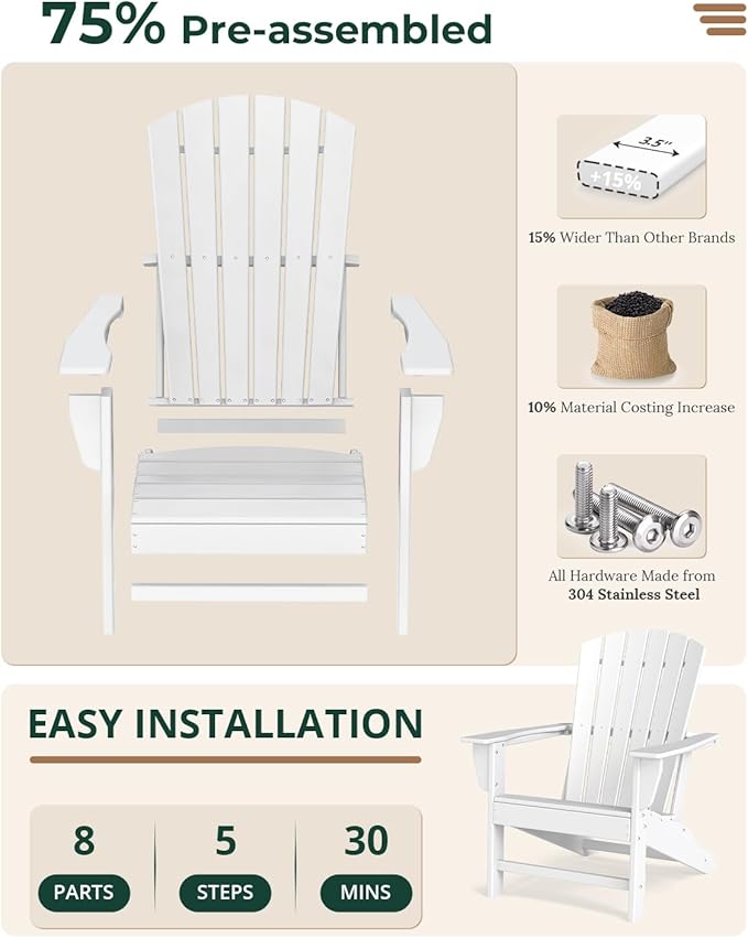 BRIOPAWS Adirondack-Chairs-Set of 2 | Fire Pit Chair | Oversized | HDPE Plastic | Weather Resistant | for Deck Outdoor Poolside Campfire | White