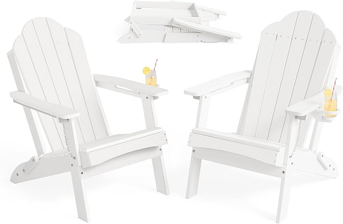 LUE BONA Folding Adirondack Chair, Chairs Set of 6, Cup Holder, Woodgrain, Fire Pit, Patio, Pool, White