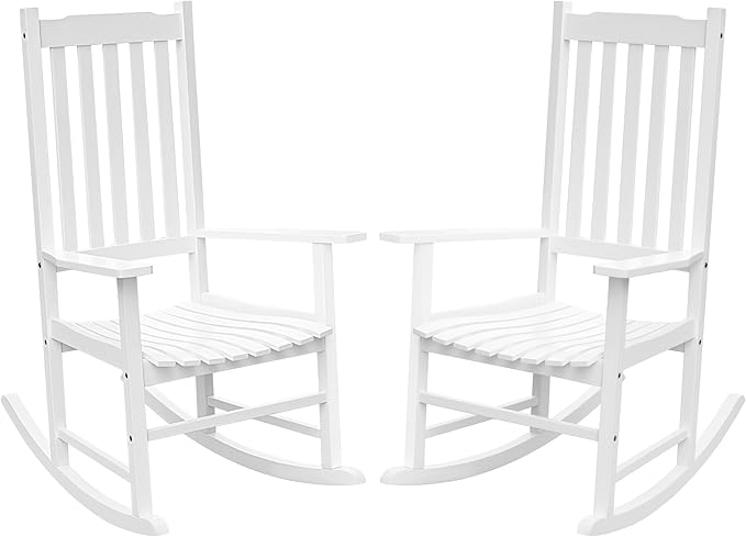 Flamaker Acacia Wood Patio Rocking Chair Set of 2, High Back and Widen Armrest for Adults, Solid Wood Porch Rocking Chair for Lawn, Garden, Backyard (White)