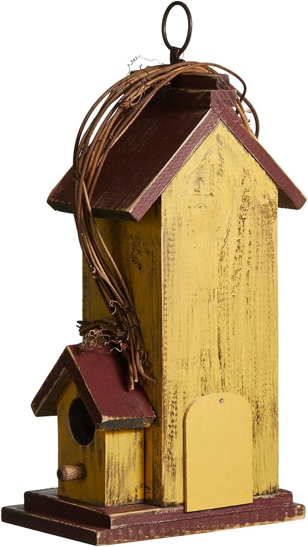 Glitzhome Birdhouses for Outdoors,Hummingbird Houses for Outside, 11.5"H Yellow Hand Painted Distressed Solid Wood Bird Nesting Box Decorative Birdhouse with Rattan Hanging Bird House for Patio Garden