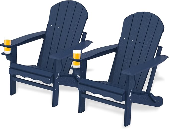 Folding Adirondack Chairs Set of 2, HDPE Plastic Adirondack Chair with Cup Holder Weather Resistant, Wood Texture Outdoor Fire Pit Chairs for Patio Garden,Poolside and Deck, Umbrella Hole, Dark Blue