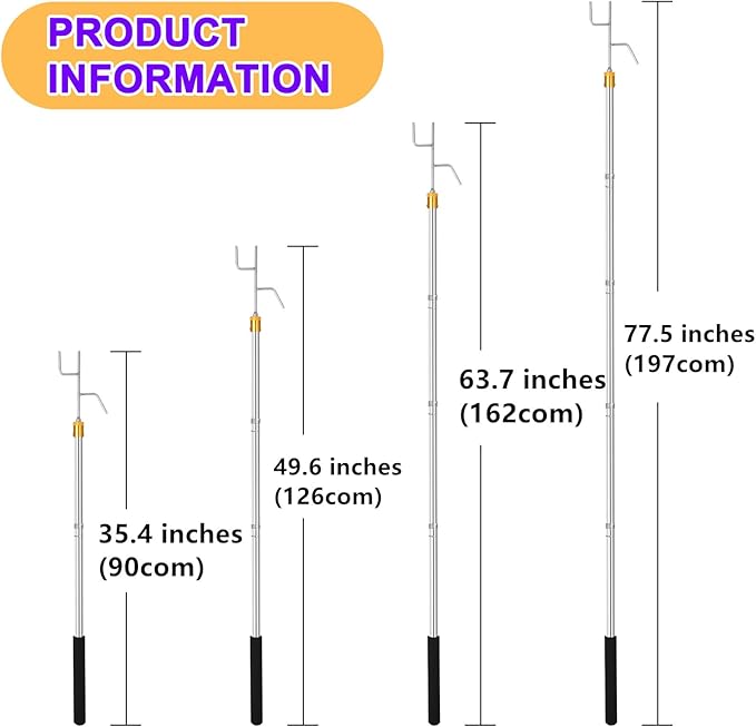Clothes Hook Pole,29-71 Inch Adjustable Extension with Hook Bar.Suitable for Clothes Hanger Rod, Christmas light, Hanging Flowerpot Plants and Bird Feeder, Tent Shelter Camper Canopy (with two hooks)
