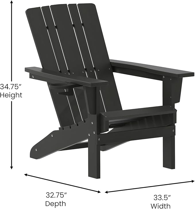 Flash Furniture Halifax Adirondack Chairs with Cup Holders, Weather Resistant Poly Resin Adirondack Chairs, Set of 2, Black