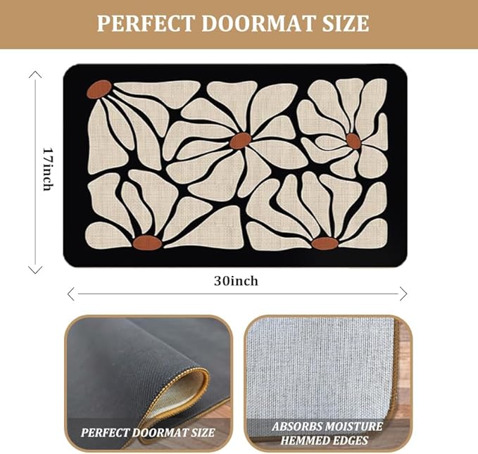 Boho Beige and Black Floral Door Mat - Bohemian Neutral Floral Front Door Welcome Mats Outdoor Entrance, 17x30 Rug