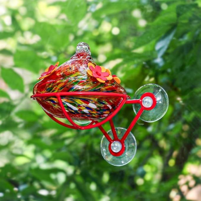 Window Hummingbird Feeder - Hand Blown Glass Mounted Hummingbird Feeder with Strong Suction Cups for Outdoor Window Mount (Red)