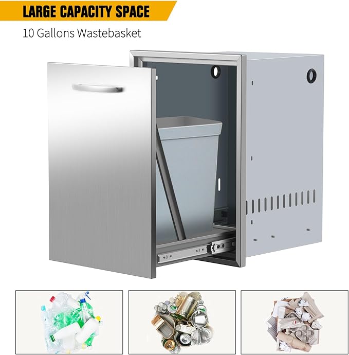 Built-in Single Trash Drawer 17" W x 23" H x 16" D Pull-Out Tray Outdoor Kitchen Stainless Steel Trash Drawer with Handle Storage Trash Bins or Propane Tank for BBQ Island Grill Station