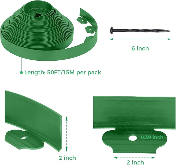 2-Inch x 50 FT Landscape Edging Border with 75 Spikes, Garden Edging Border Lawn Edging Border, Plastic Edging Border Flexible for Garden Flower Beds Lawn Yard Paver Pathway (Green)