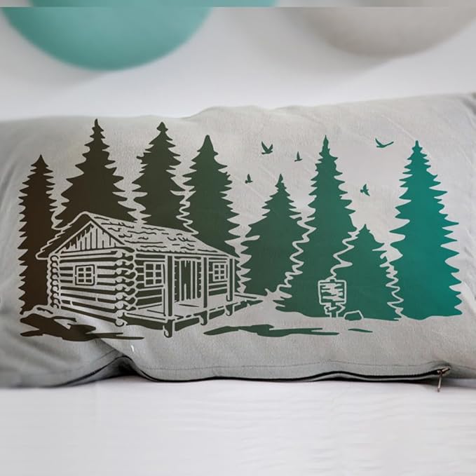 MAYJOYDIY 2pcs Forest Cabin Tree Stencil 22×11inch Splicing Style Forest Pine Cabin Stencil Nature Forest Landscape 11.8×11.8inch Drawing Template with Paint Brush for Art Crafts Canvas Furniture