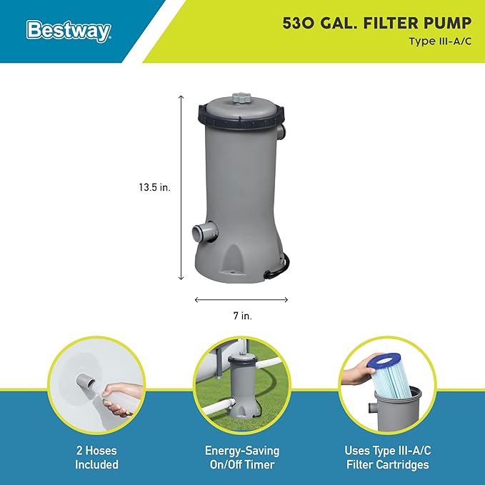 Bestway 530 GPH Filter Pump for Above Ground Swimming Pool with Type III-A/C Cartridge
