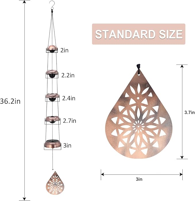 36" Copper Temple WindChimes with 5 Bells, Melodious Zen Feng Shui Wind Bells for Outside, Memorial Wind Chime Sympathy Gift with Unique Teardrop Mandala Sail, Decorative Garden Decor for Yard Patio
