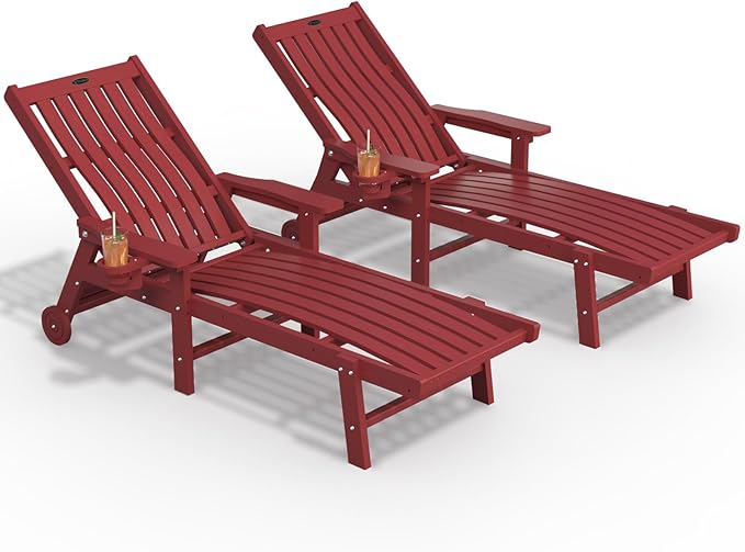 Patio Chaise Lounge Chair Set of 2, Oversized Lounge Chair Outdoor with 5 Positions, HDPE, Patio Lounge Chair with Wheels & Cup Holder for Pool, Deck, Poolside,Red