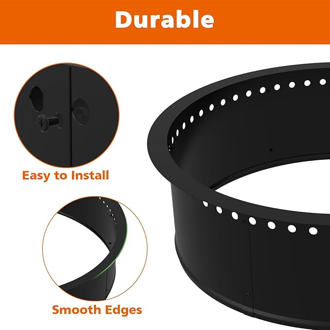 OUSHENG Smokeless Fire Pit Ring Outdoor, 33 Inch Outer 30 Inch Inner Round Wood Burning Firepit Accessories, DIY Metal Steel Liner Insert for Bonfire Outside Camping Above or In Ground
