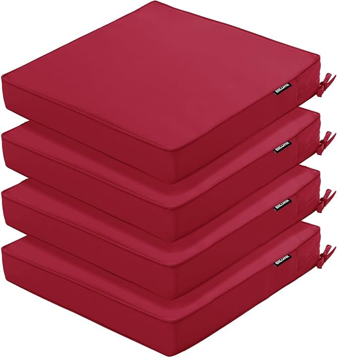 Outdoor Chair Cushions 16 x 17 Inch, Set of 4, Waterproof Patio Chair Cushions with Tie 5 Year Color Fastness Thick Outdoor Seat Cushion for Garden Lawn Patio Furniture Burgundy