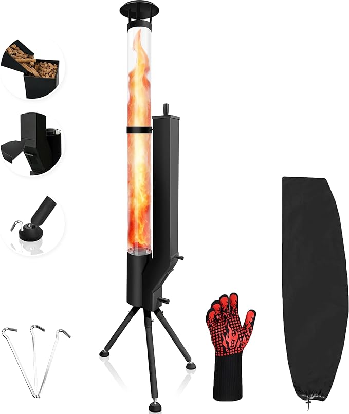 63" Wood Pellet Stove Outdoor Fire Pit with Safe-Guard Kit (Glove, Cover, Ground Stakes), Smokeless Spiral Flame Patio Heater with Quick-Extinguish Barrier for Backyard, Garden, Patio, Bonfire
