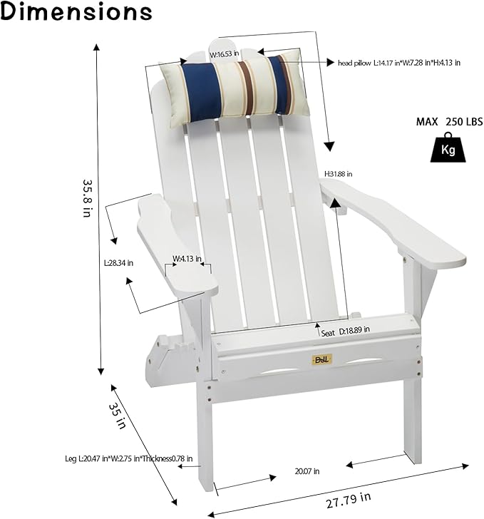 White Wooden Adirondack Chairs Set of 4 Outdoor Patio Folding Outside Deck, Porch, Lawn, Pool, Yard, Garden, Fire Pit, Heavy Duty