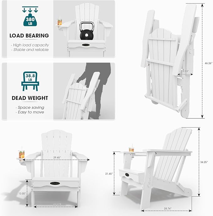 Folding Adirondack Chair Set of 4,HDPE All-Weather Outdoor Chair with Cup Holder,Wooden Textured,Fire Pit Chair,Plastic Patio Chair for Deck,Backyard,Garden,Lawn(White)