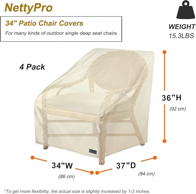 NettyPro Patio Chair Covers 34 Inch Waterproof 600D Heavy Duty Outdoor Seat Covers Set 4, Beige