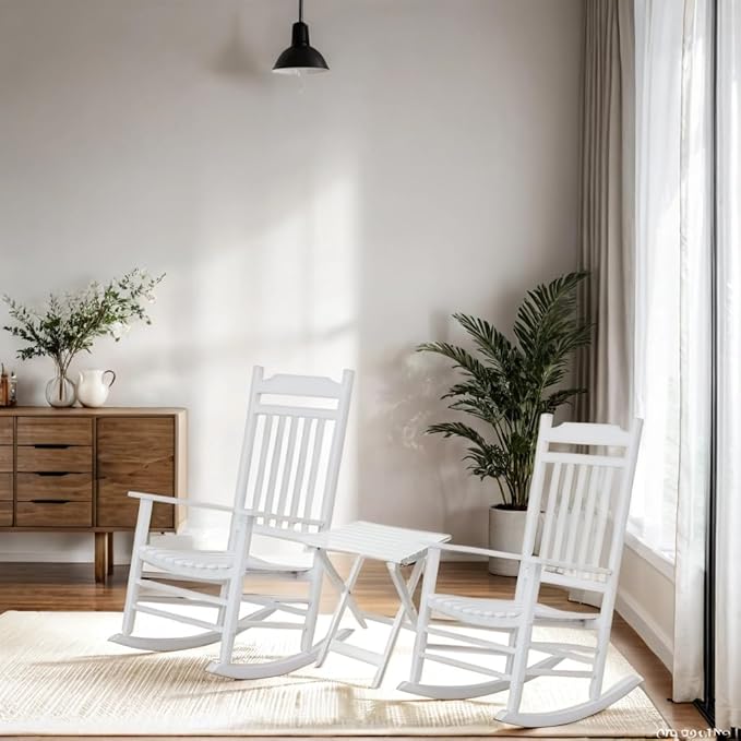 White Porch Rockers 3 Piece Outdoor Wooden Adults Furniture Set with 2 Rocking Chair and 1 Outdoor Side Table for Patio Lounge Balcony