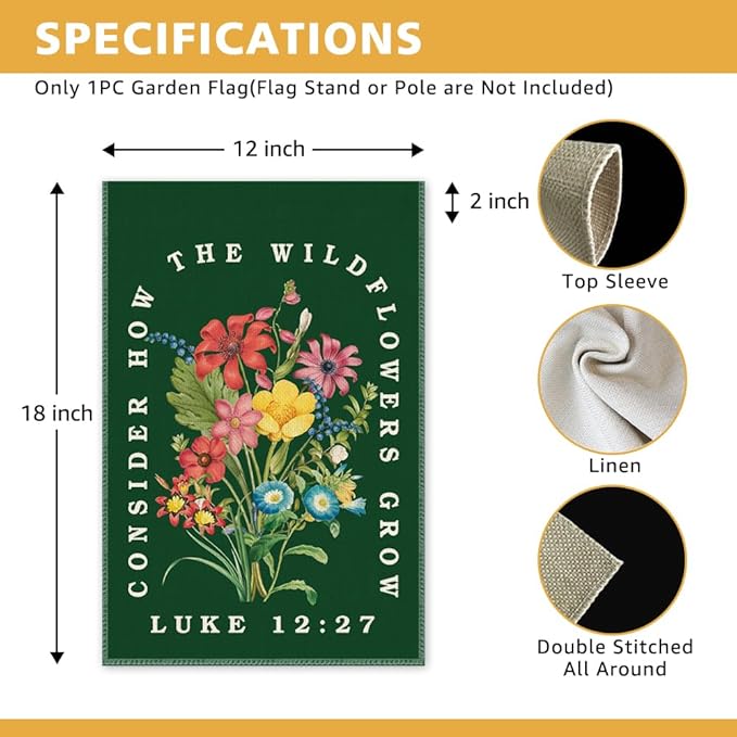 Consider How the Wildflowers Grow Garden Flag, Christian Garden Flag for Outside, Bible Verse Double Sided Farmhouse Lawn Yard Banner, Faith Religious Gifts for Gardener Plant Lovers Catholic