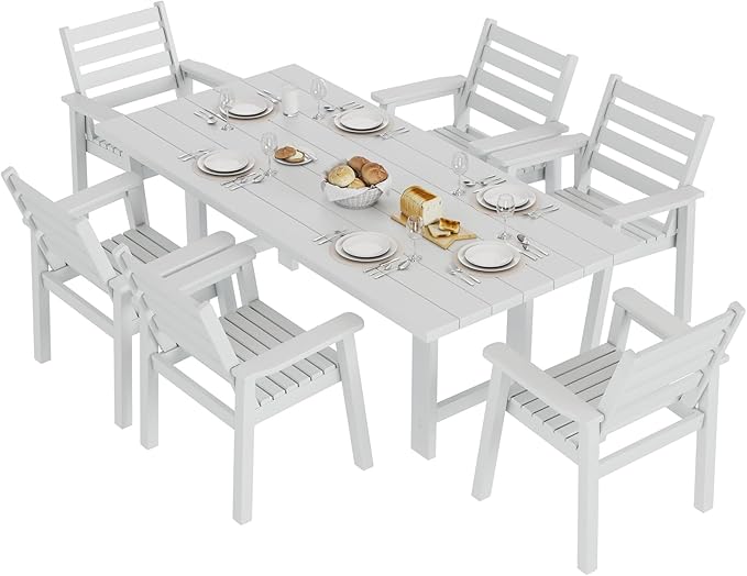AMERLIFE 7-Piece HDPE Outdoor Dining Set with Umbrella Hole, 71" L Patio Table and Chairs Set for 6, Modern Garden Dining Set for Backyard, Poolside, Porch, White