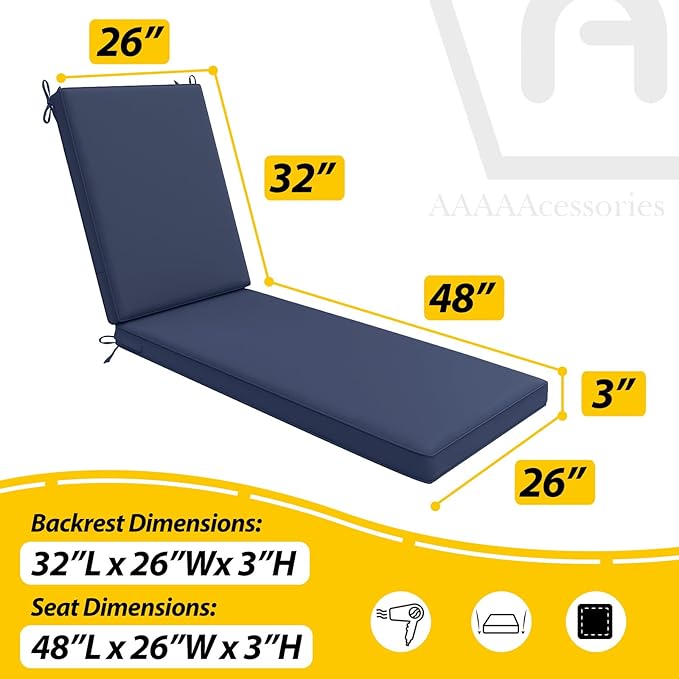 AAAAAcessories Outdoor Chaise Lounge Cushions, Waterproof Patio Furniture Replacement Cushions, Fade-Resistant, 80" x 26" x 3", Set of 2, Midnight Blue