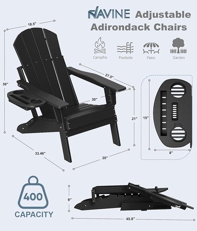 Adjustable Adirondack Chair with Cup Holder, All Weather HDPE Fire Pit Chairs for Deck, Backyard, Patio, Black