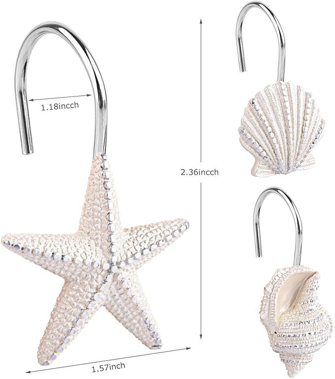 Seashell Shower Curtain Hooks，12PCS Anti Rust Decorative Resin Hooks for Bathroom, Baby Room, Bedroom, Living Room Decor (White Seashell)