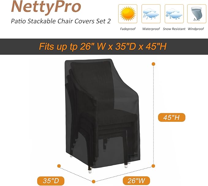 NettyPro Stackable Patio Chair Covers 2 Pack Waterproof Outdoor Patio Furniture Stacking Chair Cover, Fits for 4-6 Stack Dining High Back Chairs, 26"W x 35"D x 45"H, Black