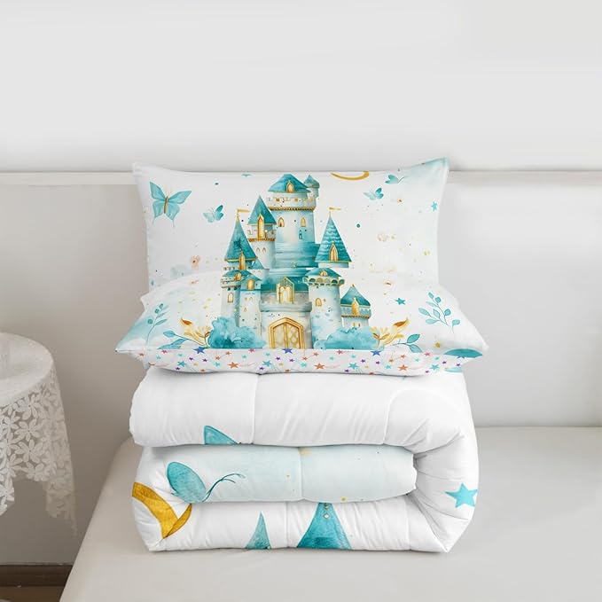 Erosebridal Princess Queen Bedding Set for Girls Kids - Castle Butterfly Comforter Set, Girly Coquette Butterflies Quilt | Moon and Stars Aesthetic Bedroom Decor with 2 Pillowcases