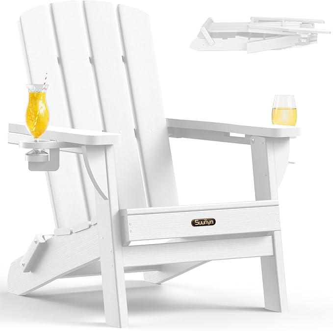 Folding Adirondack Chair, HDPE All-Weather Fire Pit Chairs, Plastic Adirondack Chairs with 2 Cup Holder, Outdoor Lawn Chair for Patio Garden (White)