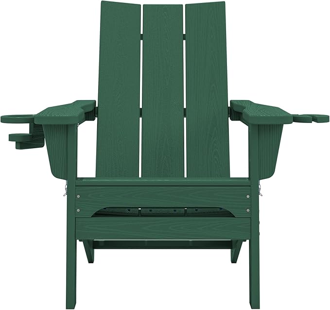 SERWALL Modern Adirondack Chair, Folding Adirondack Chair with Dual Cup Holders, Outdoor HDPE Fire Pit Chair for All Weather Use, Green