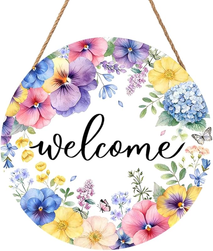 Spring Summer Welcome Door Sign Round 12 X 12 Inches Floral Welcome Wall Pediment Farmhouse Butterfly Spring Sign for Yard Porch Seasonal Summer Decoration