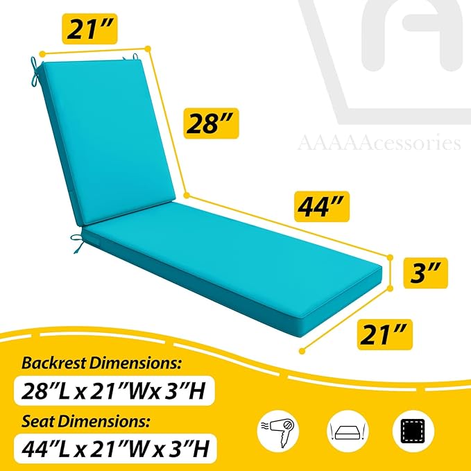 AAAAAcessories Outdoor Chaise Lounge Cushions, Waterproof, Fade-Resistant Patio Furniture Replacement Cushions, 72" x 21" x 3", Turquoise Blue