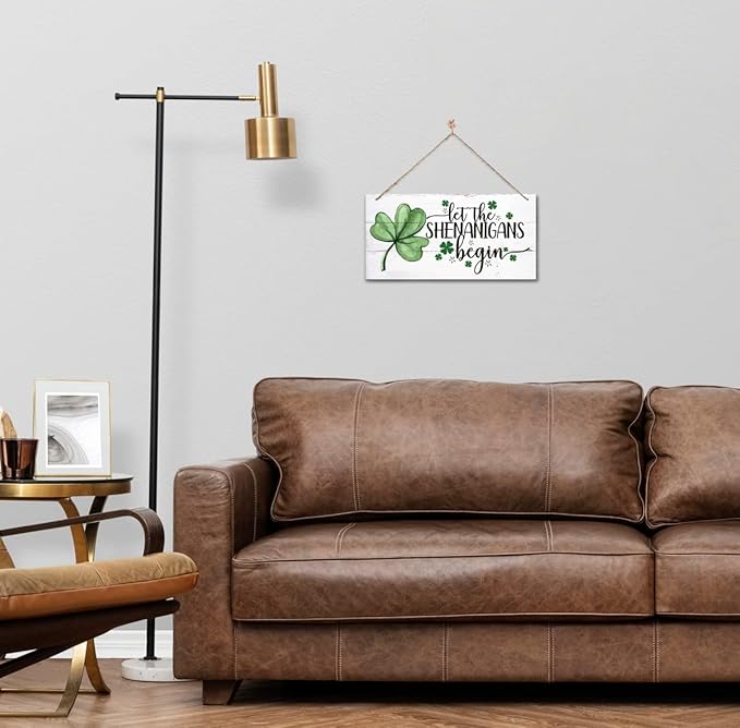 Hanging St. Patrick's Day Wooden Decor - 'Let the Shenanigans Begin' Wall Art, Home & Door Sign, Shamrock Theme