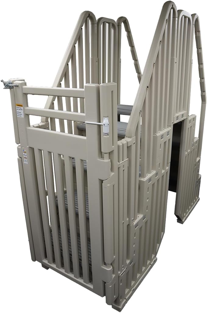 Confer Plastics Step Enclosure System: Above Ground Entry System, Dual Handrails, Slip-Resistant Steps, Supports 400 lbs, Easy Install – Made in USA, Warm Grey with Grey Step-1X Treads