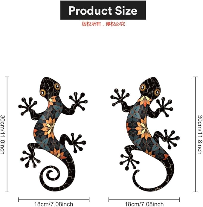 Metal Gecko Outdoor Wall Art, 2 Pcs 11.8 inch Gecko Wall Hanging Sculpture Decorations for Indoor or Outdoor, Garden Yard Fence Balcony Porch Home Wall Decor, Black Metal Wall Art Decor