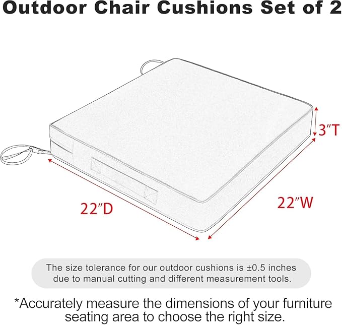 Favoyard Patio Chair Cushions 22 x 22 x 3 Inch Waterproof Outdoor Seat Cushions for Patio Furniture 3-Year Color Fastness Garden Sofa Couch Chair Pads with Handle & Adjustable Straps Set of 2, Beige