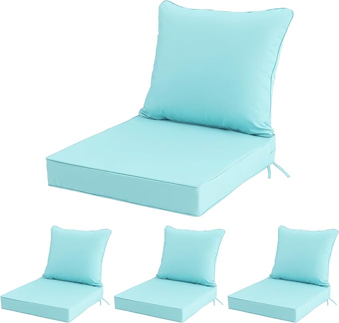 22x22 Inch Patio Chair Cushions Set of 4, Outdoor Furniture Cushions - Removable Cover, Water-Repellent, Fade-Resistant, Non-Slip Bottom & Straps, Replacement for Lawn, Porch & Deck Chair - Light Blue