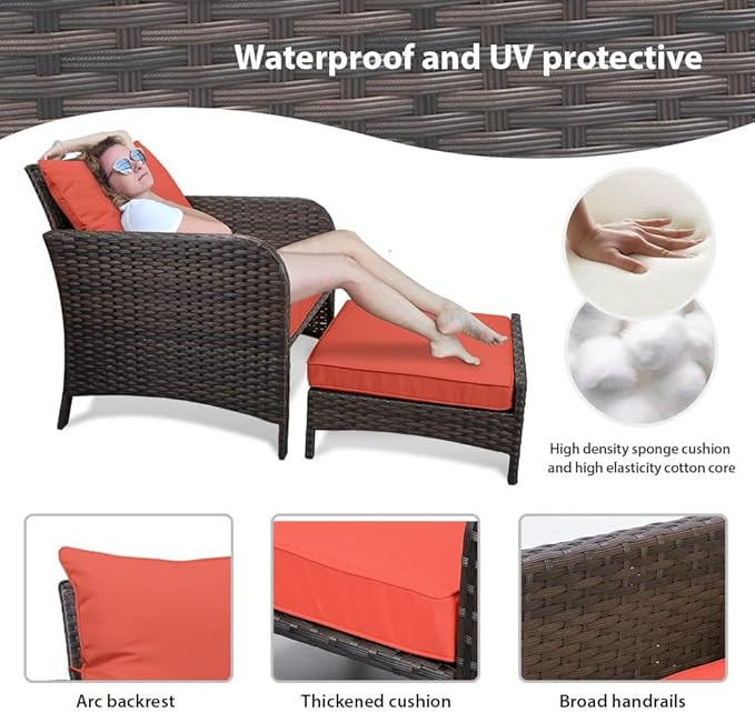 LEVELEVE Balcony Furniture 5 Piece Patio Conversation Set, PE Wicker Rattan Outdoor Lounge Chairs with Soft Cushions 2 Ottoman&Glass Table for Porch, Lawn-Brown Wicker